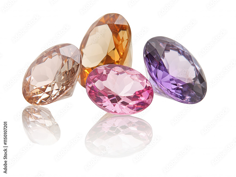Assorted Gemstones Displayed on a Reflective Surface in Various Colors Including Pink, Purple, Orange, and Clear, Showcasing Their Brilliant Cuts and Luster Assorted Gemstones Displayed on a Reflective Surface in Various Colors Including Pink, Purple, Orange, and Clear, Showcasing Their Brilliant Cuts and Luster