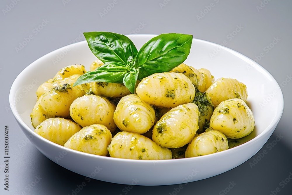 A clean, simple image of gnocchi and pesto sauce, plated on a white dish with no background distractions A clean, simple image of gnocchi and pesto sauce, plated on a white dish with no background distractions
