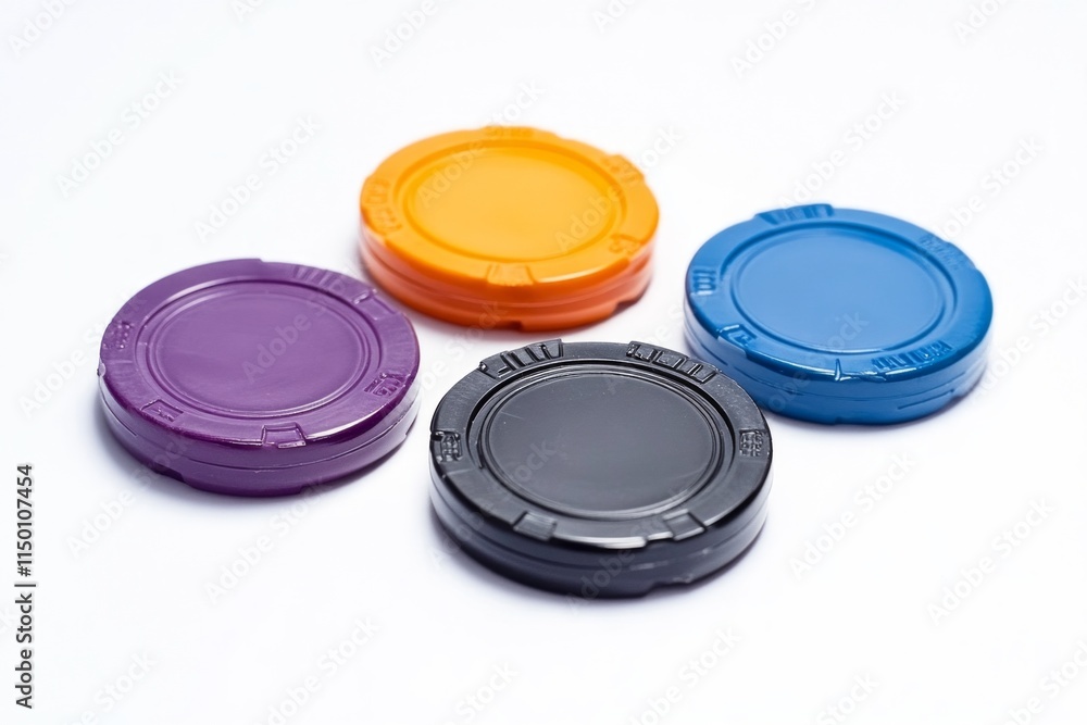 Colorful gaming chips are set against a white background. Each chip is uniquely colored and shows a creative design. Perfect for games and leisure activities. Generative AI