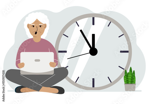 A woman sits cross-legged and holds a laptop. Next to the big clock. Time management concept, little time, much time, deadline.