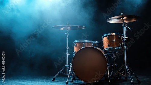 A wooden drum set is elegantly presented on a smoky stage, highlighted by blue lights. This atmospheric scene hints at musical creativity and dramatic performances. photo