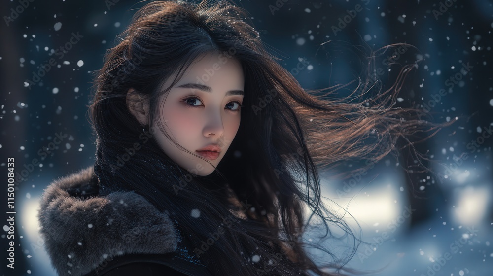 In a serene, snow-covered forest, an Asian woman in a dark fur coat stands still, her long messy hair lightly swirling in the wind. In a serene, snow-covered forest, an Asian woman in a dark fur coat stands still, her long messy hair lightly swirling in the wind.