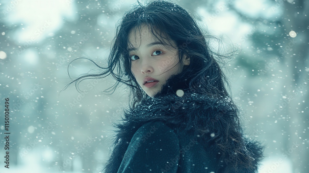 In a serene, snow-covered forest, an Asian woman in a dark fur coat stands still, her long messy hair lightly swirling in the wind. In a serene, snow-covered forest, an Asian woman in a dark fur coat stands still, her long messy hair lightly swirling in the wind.