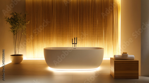 A luxurious bathroom with a white jacuzzi-style bathtub a bamboo soap dish and elegant lighting. photo