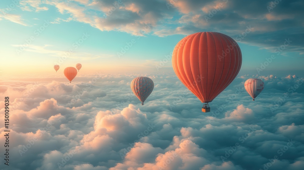 Fototapeta premium Hot air balloons soar above fluffy clouds.