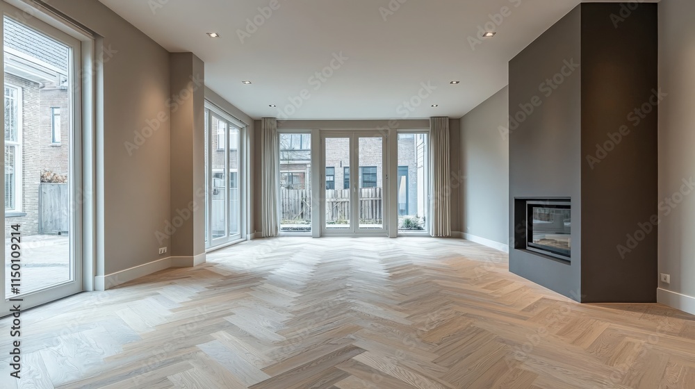 Obraz premium Empty modern living room with large windows and elegant wooden flooring