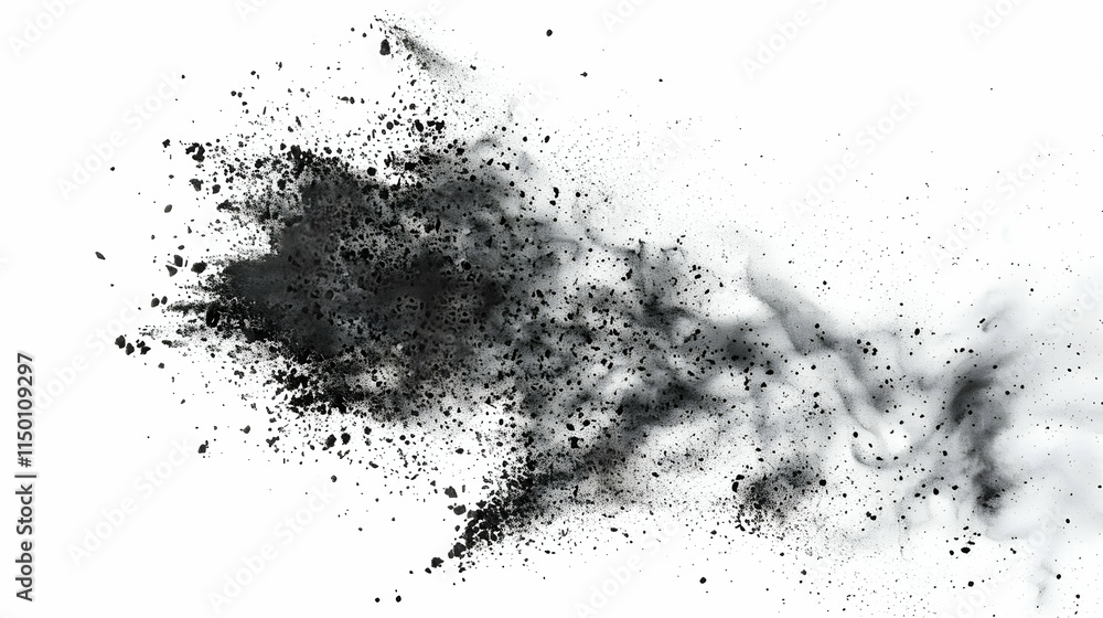 Dramatic Black Powder Explosion Against White Background Dramatic Black Powder Explosion Against White Background