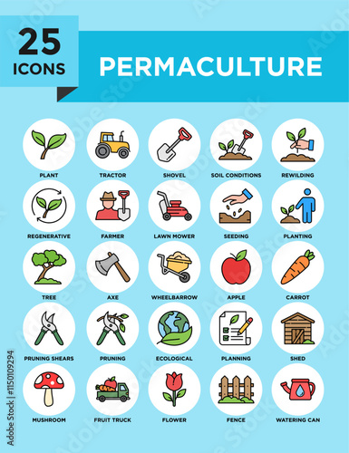 Permaculture icon collection set. Containing design organic, nature, permaculture, agriculture, garden, plant, green