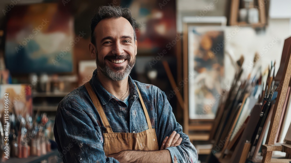 Fototapeta premium Smiling Artist in Studio Surrounded by Paintings and Art Supplies