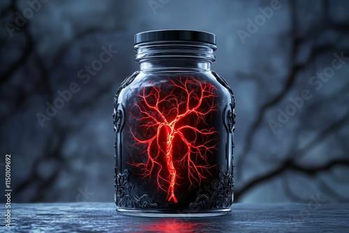 A dark gothic illustration of a bioluminescent GMO organism with glowing red veins, encased in an ornate glass jar with intricate metal detailing photo