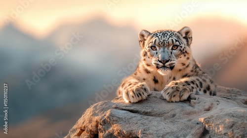 A close-up view of a snow leopard lying on a rocky outcrop, its watchful eyes intently fixed ahead under a soft, warm light, creating a striking wildlife portrait. photo