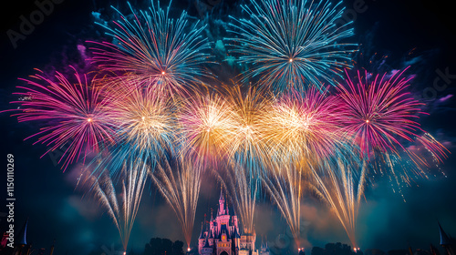 A magical fireworks show above the castle at Disneyland Paris with vibrant streaks of pink blue and gold bursting in the sky.