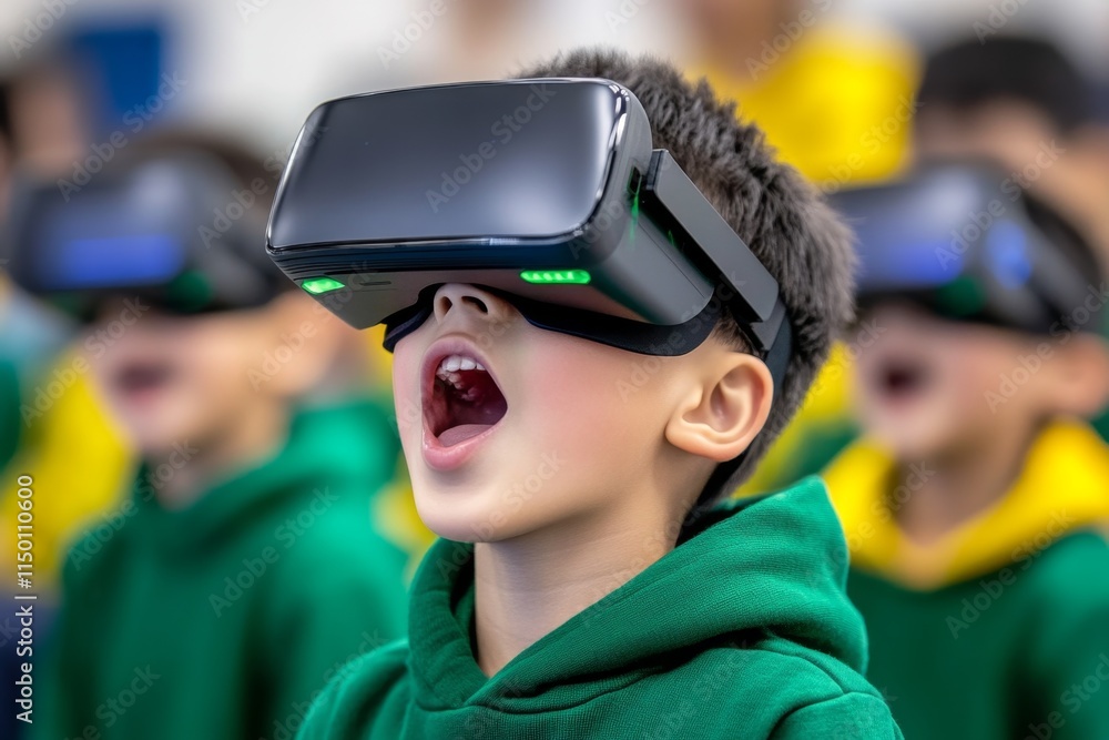 A digital classroom where students use augmented reality glasses and interactive holographic displays A digital classroom where students use augmented reality glasses and interactive holographic displays