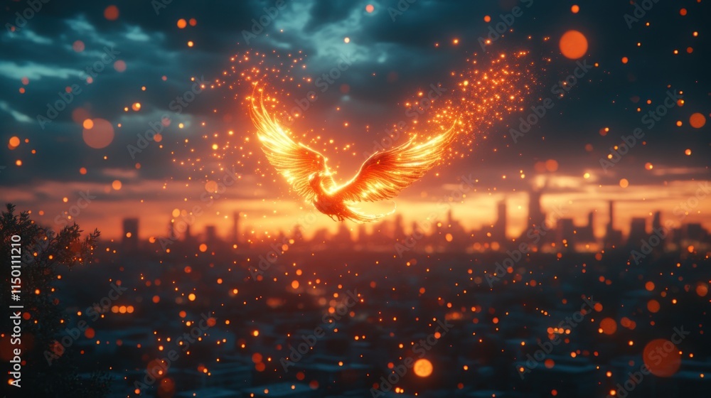 A fiery phoenix soaring above a city skyline at sunset, symbolizing rebirth and hope. A fiery phoenix soaring above a city skyline at sunset, symbolizing rebirth and hope.