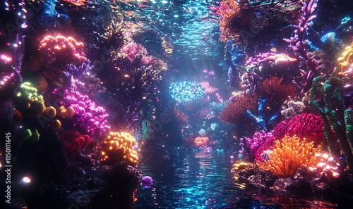 Vibrant Underwater Coral Reef Ecosystem Teeming with Diverse Marine Life and Bioluminescent Glow