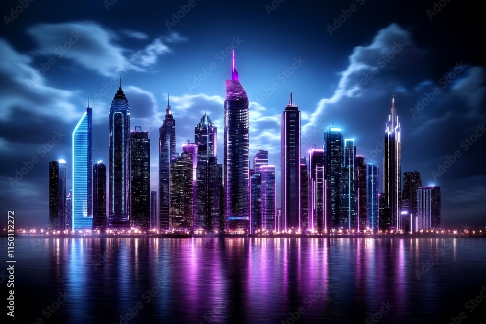Fototapeta premium A dystopian futuristic city in darkness, illuminated only by flickering neon lights and glowing smog clouds