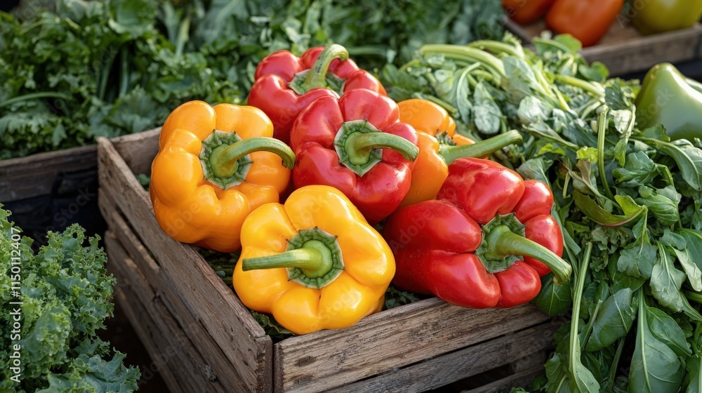 Fresh colorful bell peppers arranged in a wooden crate at a farmer's market Fresh colorful bell peppers arranged in a wooden crate at a farmer's market