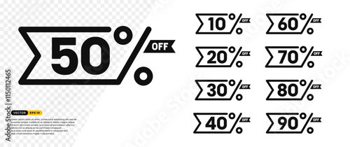 Discount Sticker 50% Off . 10, 20, 30, 40, 50, 60, 70, 80, 90 percent. Black ribbon line art Tag, Price Discount Label isolated on white background. Vector Illustration