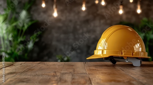 A yellow hard hat rests on a rustic wooden table surrounded by warm, ambient lighting and lush greenery, suggesting themes of construction and safety. photo