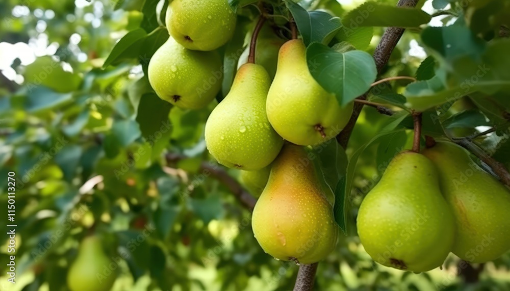 Fresh and Ripe Pears Hanging on a Tree Branch in a Lush Green Orchard Plentifully Ready for Harvest on a Bright Sunny Day Fresh and Ripe Pears Hanging on a Tree Branch in a Lush Green Orchard Plentifully Ready for Harvest on a Bright Sunny Day