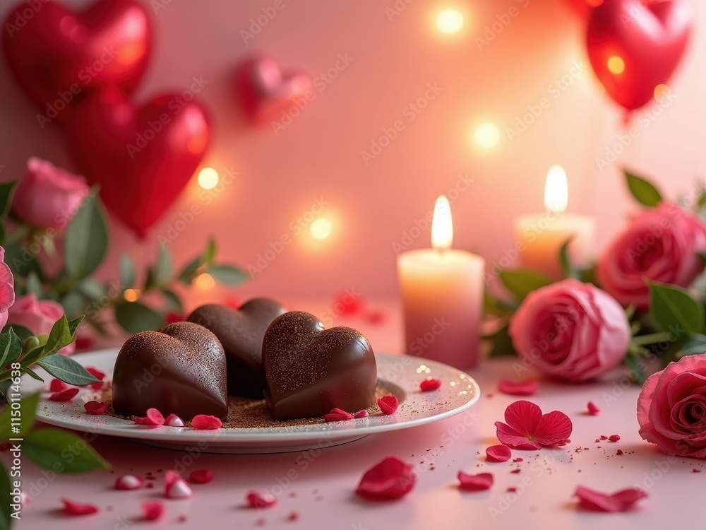 Heart-shaped chocolates surrounded by roses and candles create a romantic atmosphere for Valentine's Day celebration Heart-shaped chocolates surrounded by roses and candles create a romantic atmosphere for Valentine's Day celebration