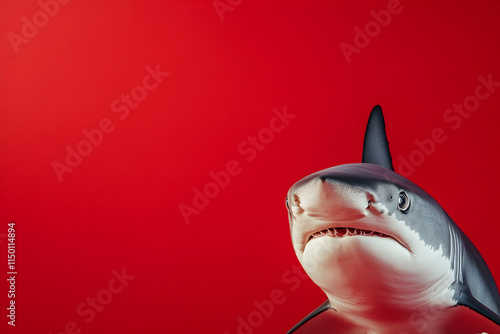 A shark with a red nose against a festive red background, resembling Rudolph, evoking Christmas and holiday cheer photo