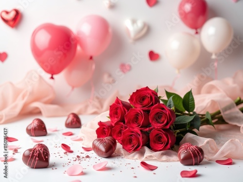 Celebrate love on Valentine's Day with a beautiful bouquet of roses, heart-shaped balloons, and delicious chocolates arranged on a festive table