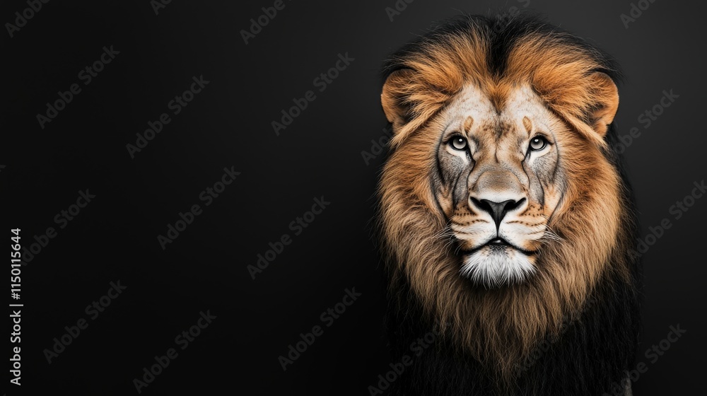 A majestic lion gazes directly at the viewer, showcasing its powerful presence against a dark background, emphasizing its regal mane and expressive features. A majestic lion gazes directly at the viewer, showcasing its powerful presence against a dark background, emphasizing its regal mane and expressive features.