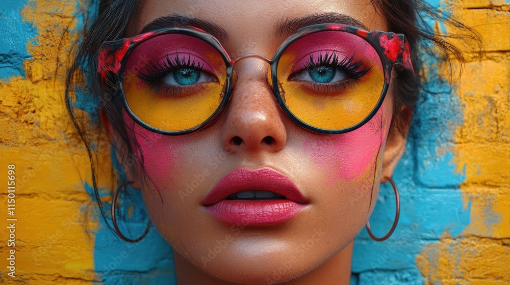 Fototapeta premium Woman's face, colorful makeup, round glasses.