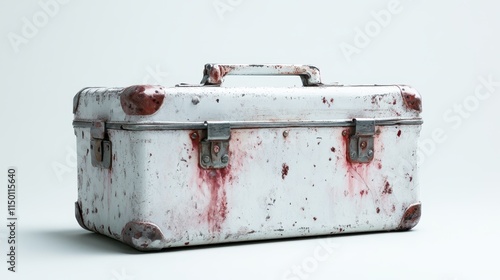 A rusty vintage toolbox shows its age and history with visible wear and stains, capturing a sense of nostalgia and timelessness in a simple composition. photo