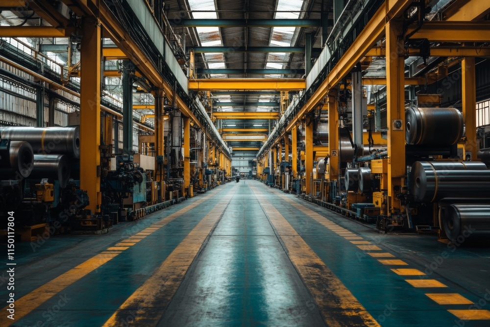 Spacious industrial interior with yellow lines and steel beams Spacious industrial interior with yellow lines and steel beams