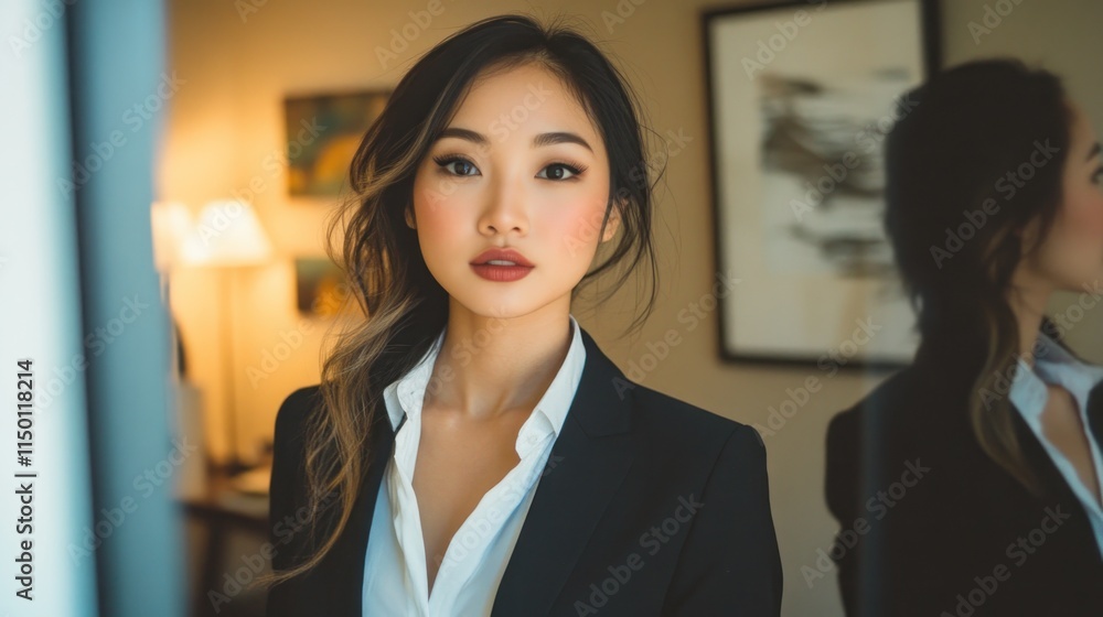 Obraz premium Confident young Asian businesswoman in hotel room.
