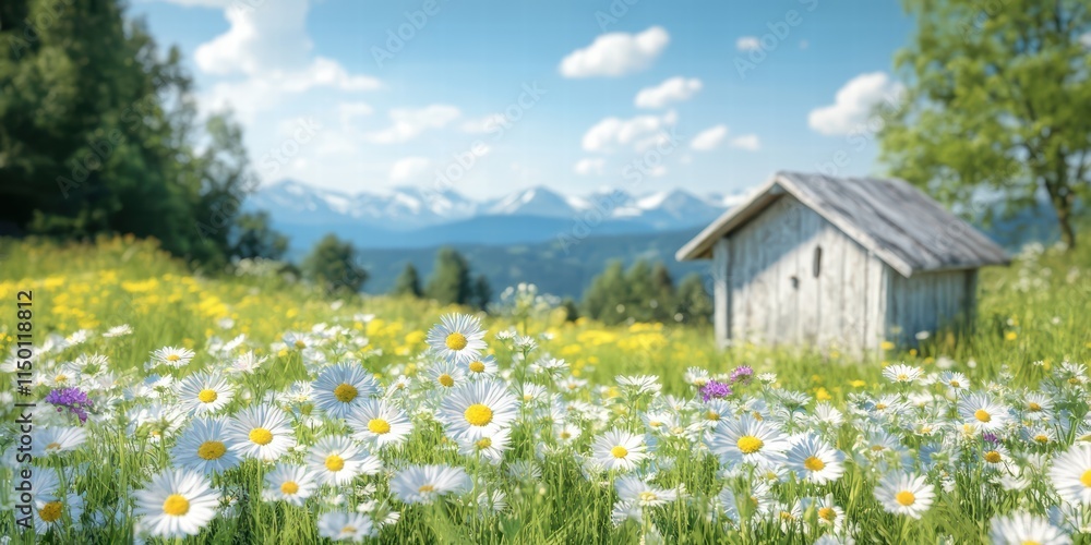 Serene Meadow with Wildflowers and Rustic Cabin in the Background Serene Meadow with Wildflowers and Rustic Cabin in the Background