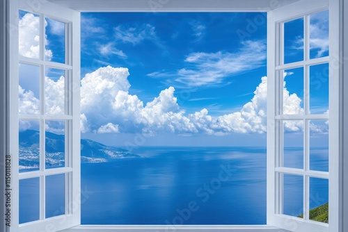 Serene Ocean View Through Open Window with Blue Sky and Clouds photo