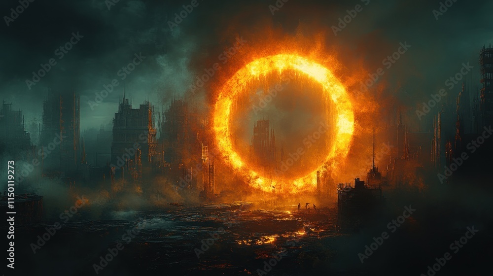 Obraz premium A fiery ring illuminates a desolate urban landscape, evoking apocalyptic themes.