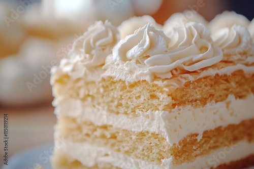 Delicious vanilla cake layered with creamy frosting photo