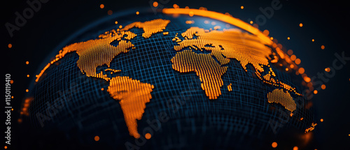 close up of holographic world map with glowing orange dots, showcasing global connections and data visualization