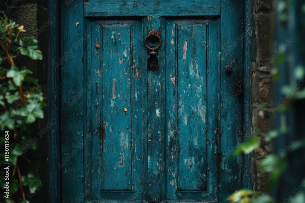 Old blue wooden door with plants around Old blue wooden door with plants around