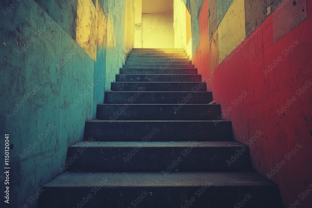 Dimly lit staircase with sunlight streaming through an open doorway
