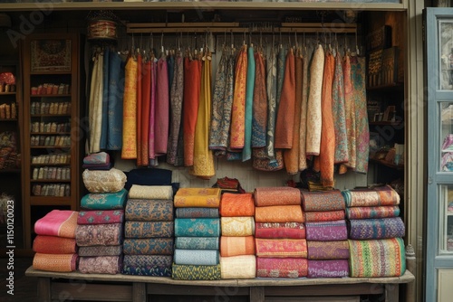 Colorful fabric rolls neatly arranged in a shop display