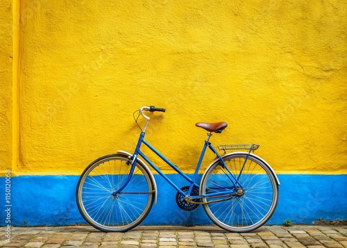 Minimalist Blue Bicycle Leaned Against Sunny Yellow Wall photo