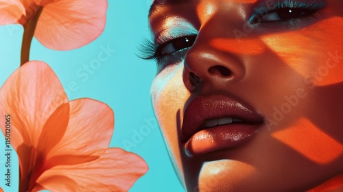 Model posing with colorful makeup and orchid flowers in a beauty campaign