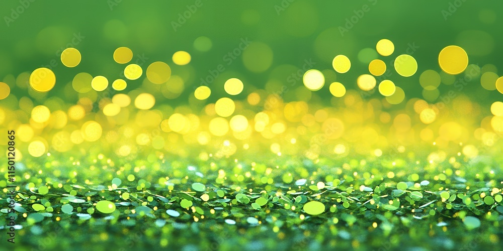 Obraz premium Sparkling Green Glitter Background Bright Yellow Bokeh Lights