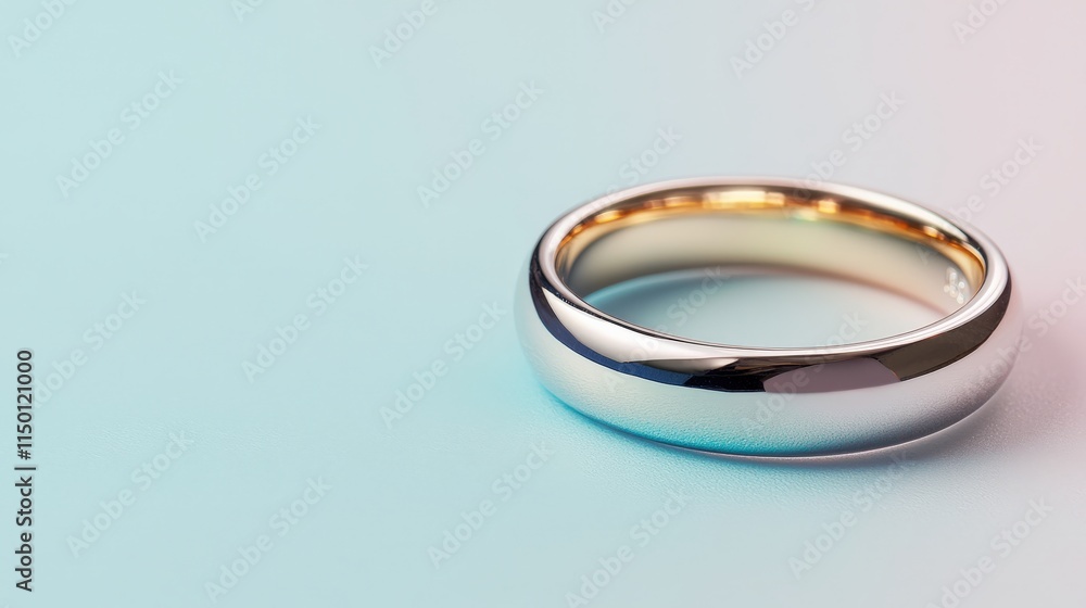 A close-up of a shiny wedding ring featuring a polished surface and a gold inner band, set against a soft blue background. A close-up of a shiny wedding ring featuring a polished surface and a gold inner band, set against a soft blue background.