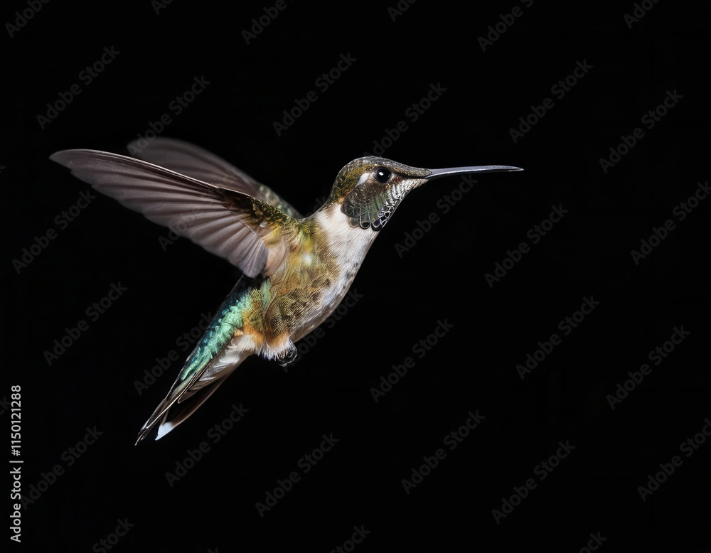 Fototapeta premium Stunning hummingbird in flight against a black background.