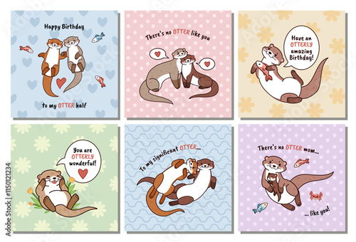 Funny otter birthday cards. Cute kids party greeting banners, happy wild animals, water mammals swimming, fishing, childish print design with lettering, cartoon isolated tidy vector set
