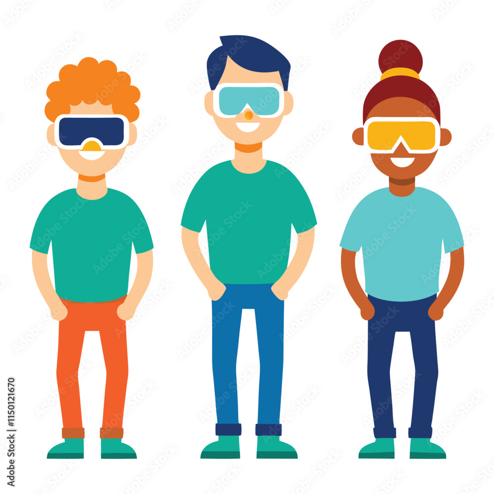 Exploring Virtual Worlds: Vector Illustrations of Young People with VR Glasses Exploring Virtual Worlds: Vector Illustrations of Young People with VR Glasses