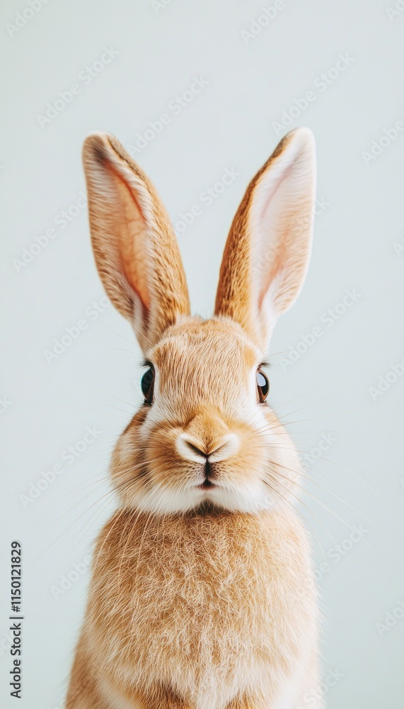 Fototapeta premium A close-up of a cute rabbit with large ears and expressive eyes against a light background.