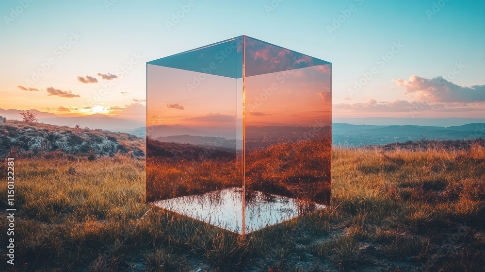 A reflective cube in a sunset landscape, merging nature and art in a serene environment. A reflective cube in a sunset landscape, merging nature and art in a serene environment.