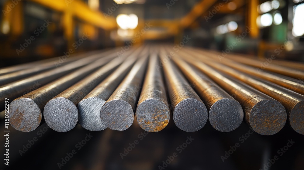 A close-up view of cylindrical metal rods arranged in parallel, showcasing their textures and surfaces in an industrial setting. A close-up view of cylindrical metal rods arranged in parallel, showcasing their textures and surfaces in an industrial setting.